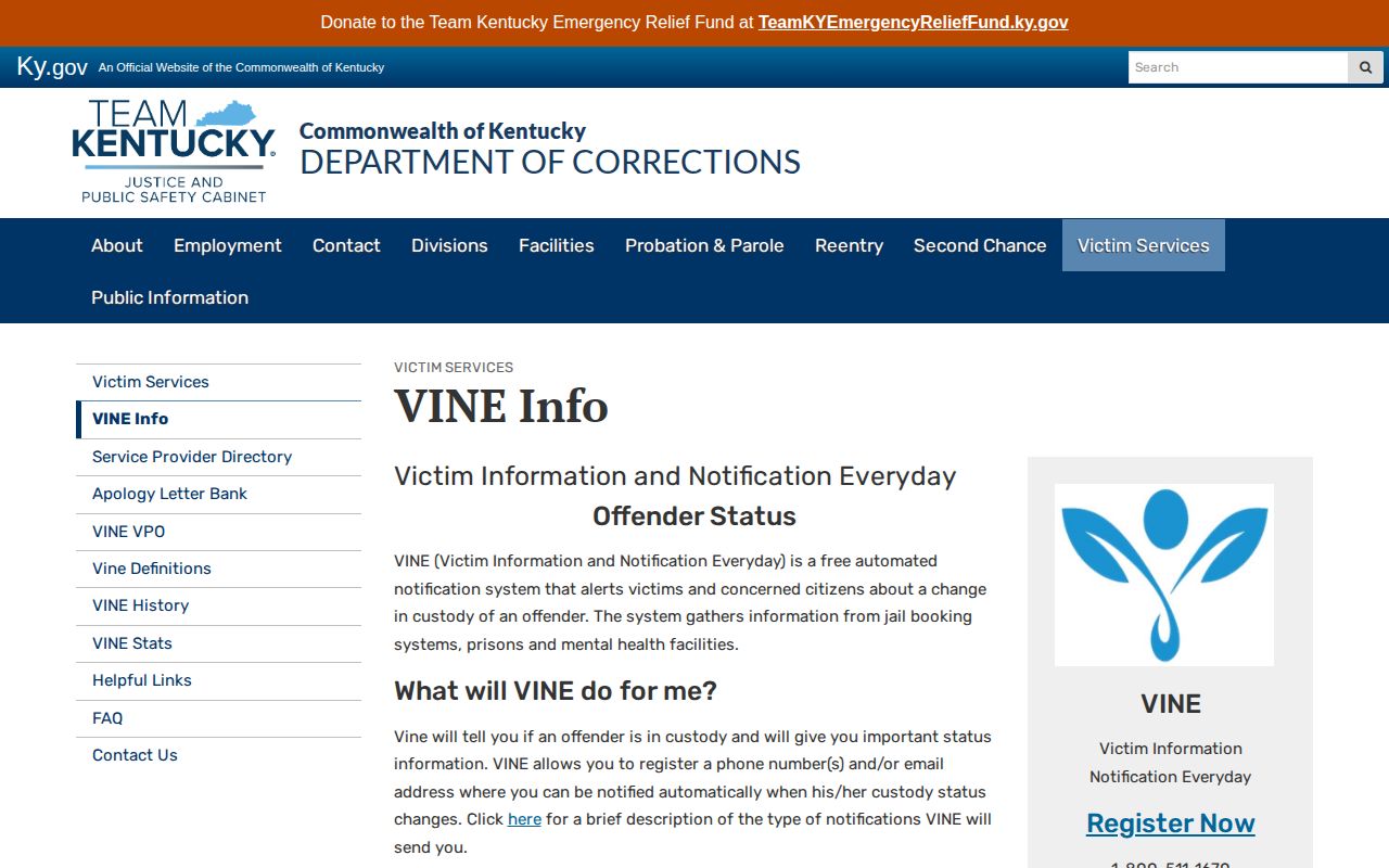 Kentucky Department of Corrections VINE information and custody notification page