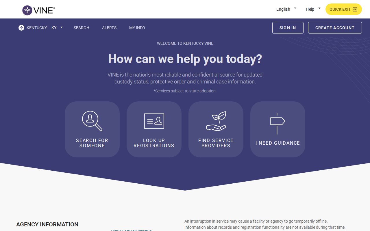 VINELink application interface for custody search and notification registration