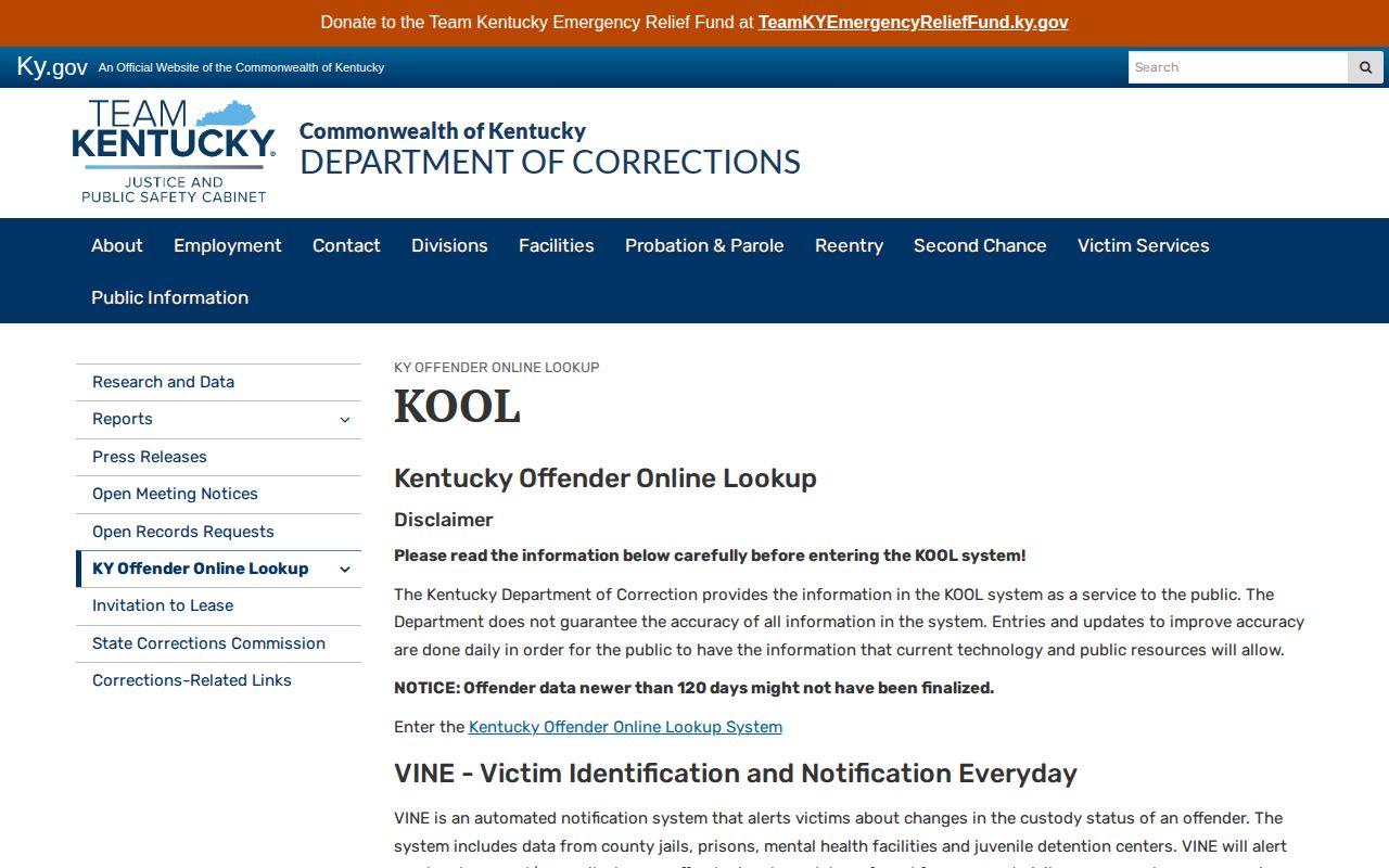 Kentucky Offender Online Lookup official information page