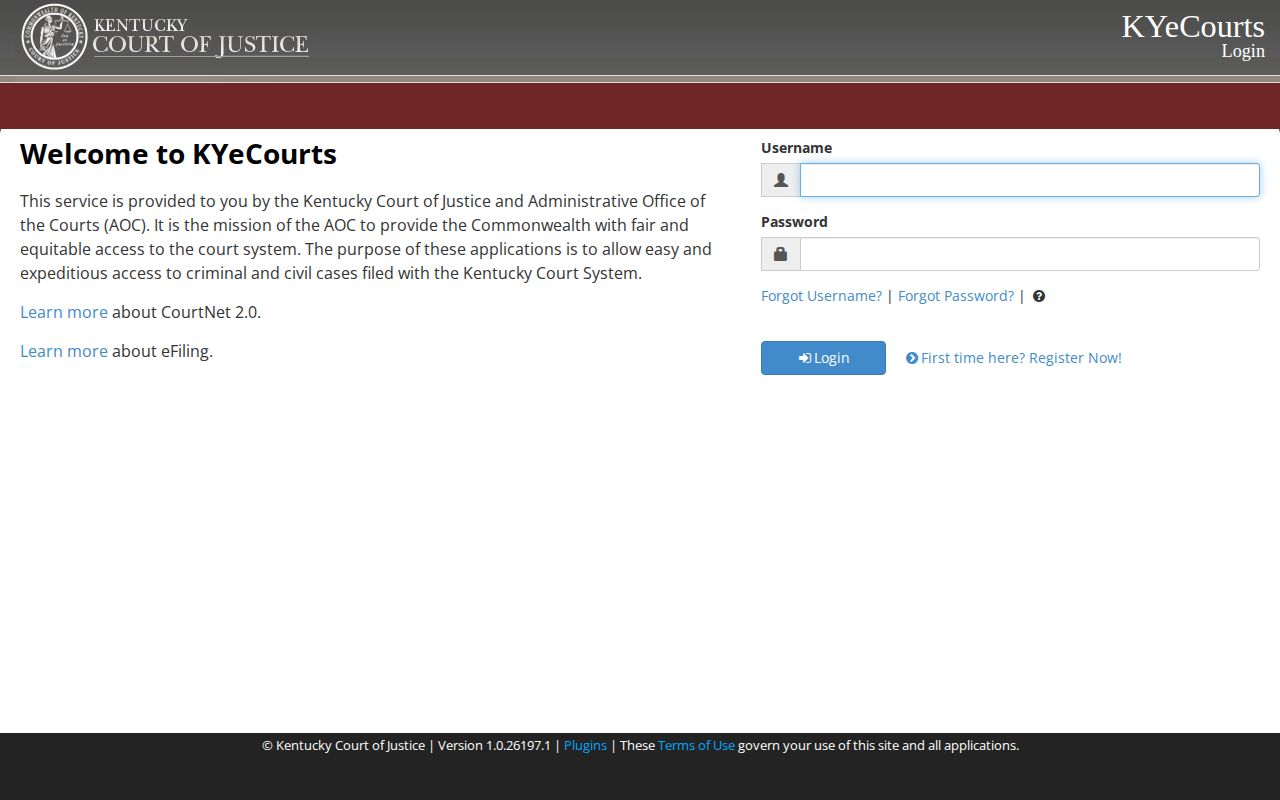 Kentucky CourtNet court record search interface